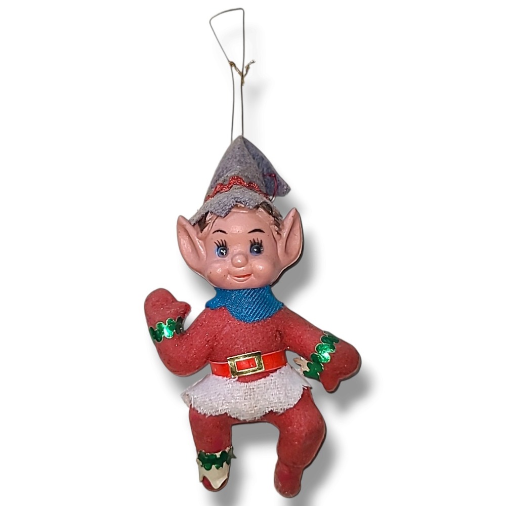 Vintage Flocked Pixie Elf Christmas Tree Ornament Mid Century Blue Eyes 4"